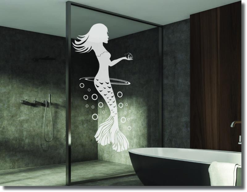 Duschfolie Meerjungfrau mit elegantem Fantasiemotiv für moderne Glasduschen und dekorativen Sichtschutz im Badezimmer.